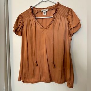 Classy tan/light brown shiny ruffle short sleeve top tassels on collar